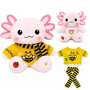 Kireidane 13 Inch Axolotl Plush with Bee Sweater & Striped Scarf – Soft kids Stuffed Animal Toy with Strawberry & Daisy Embroidered Paws, Cute Plush Doll for Birthday, Graduation Gift & Room Decor