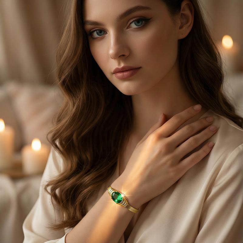 Fanzq 16k Gold Bracelet with Emerald Gem | Vintage Luxe Statement Jewelry for Party/Daily ,gifts for women,gifts for girlfriend,christmas gifts for gf,gifts for mom,mom gifts