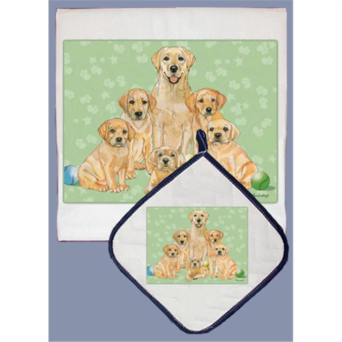 212 MAIN 2-Piece Absorbent Cotton Kitchen Cleaning Set - Includes Kitchen Cleaning Cloth, Pipsqueak Productions Dish Towel, Pot Holder, Yellow Labrador Family Design, Ideal Home Care Gift