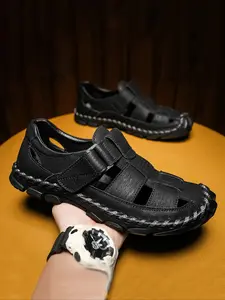 Men's Handmade Stitching Design Sports Sandals, Casual Retro Beach Sandals, Summer Outdoor Sandals, Breathable Soft Sole Casual Driving Shoes, Comfortable Velcro Design Sports Sandals for Outdoor Wear, Adjustable Sandals, Comfy Sandals