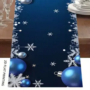2D flat printing, 1 blue Christmas background table flag with decoration, romantic printed creative table flag, rectangular beautiful table decoration, suitable for holiday dining and parties, linen fabric, household items
