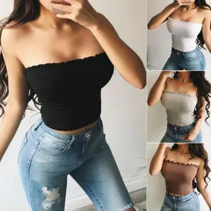 Sexy Strapless Crop Top, Bandeau Boob Tube Vest, Summer Clubwear Black Casual Girl Crochet Sleeve Cotton Check Light Polyester Sleeveless