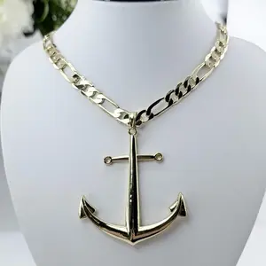 14K Gold Plated Big Anchor Pendant for Men with 24in Figaro Chain - Perfect for Everyday Wear