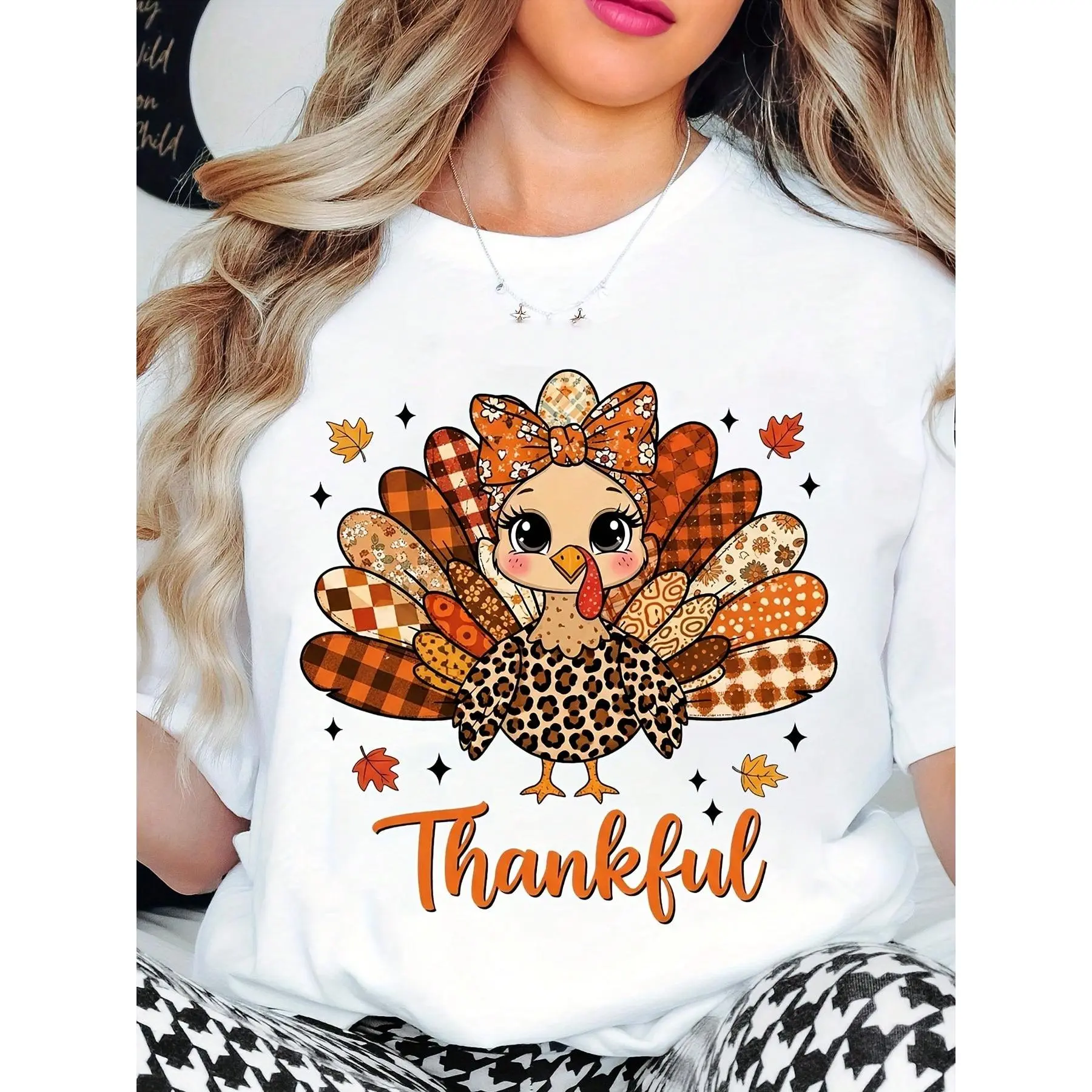 Women's Thanksgiving T-Shirt, Casual LongTop with a Cute Turkey and Thankful Graphic for Autumn Holiday Wear, Lady, Tshirt