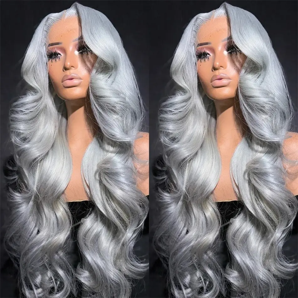 Grey Color 13x6 Glueless Lace Front Wigs Human Hair for Black Women 180% Density Body Wave Pre Plucked Transparent Lace Frontal Wig No Glue No Gel Wear & Go Wigs with Adjustable Drawstring