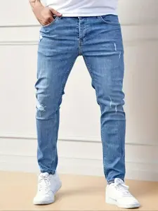 Men's Ripped Button Fly Skinny Light Wash Jeans, Casual Comfy Regular Fit Pocket Design Denim Trousers for Daily Wear, Fashion Men's Bottoms for All Seasons
