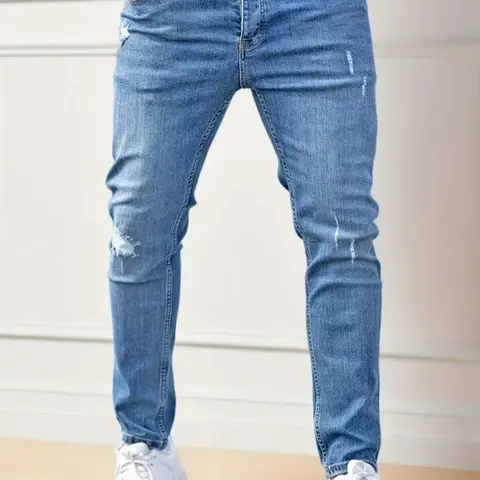 Men's Ripped Button Fly Skinny Jeans, Casual Comfy Regular Fit Pocket Design Denim Trousers for Daily Wear, Fashion Men's Bottoms for All Seasons, Hole Skinny Jeans, Denim Skinnies