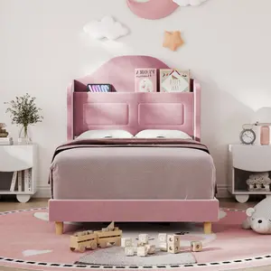 Garvee Upholstered Twin Platform Bed Frame with Wingback Headboard and LED Lighting, Velvet Upholstery, Bookcase Storage Headboard, Noise-Free Design, No Box Spring Needed, Pink