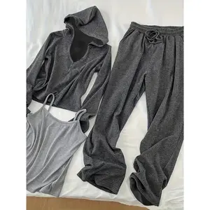 [Cozy Loungewear 3pcs Set] 3pcs Set Women's Casual Hooded Sweatshirt Vest and Wide Leg Pants - Cozy Loungewear Outfit - 100% Polyester Knit Fabric, Solid Color, Button Detail, 180g/m²