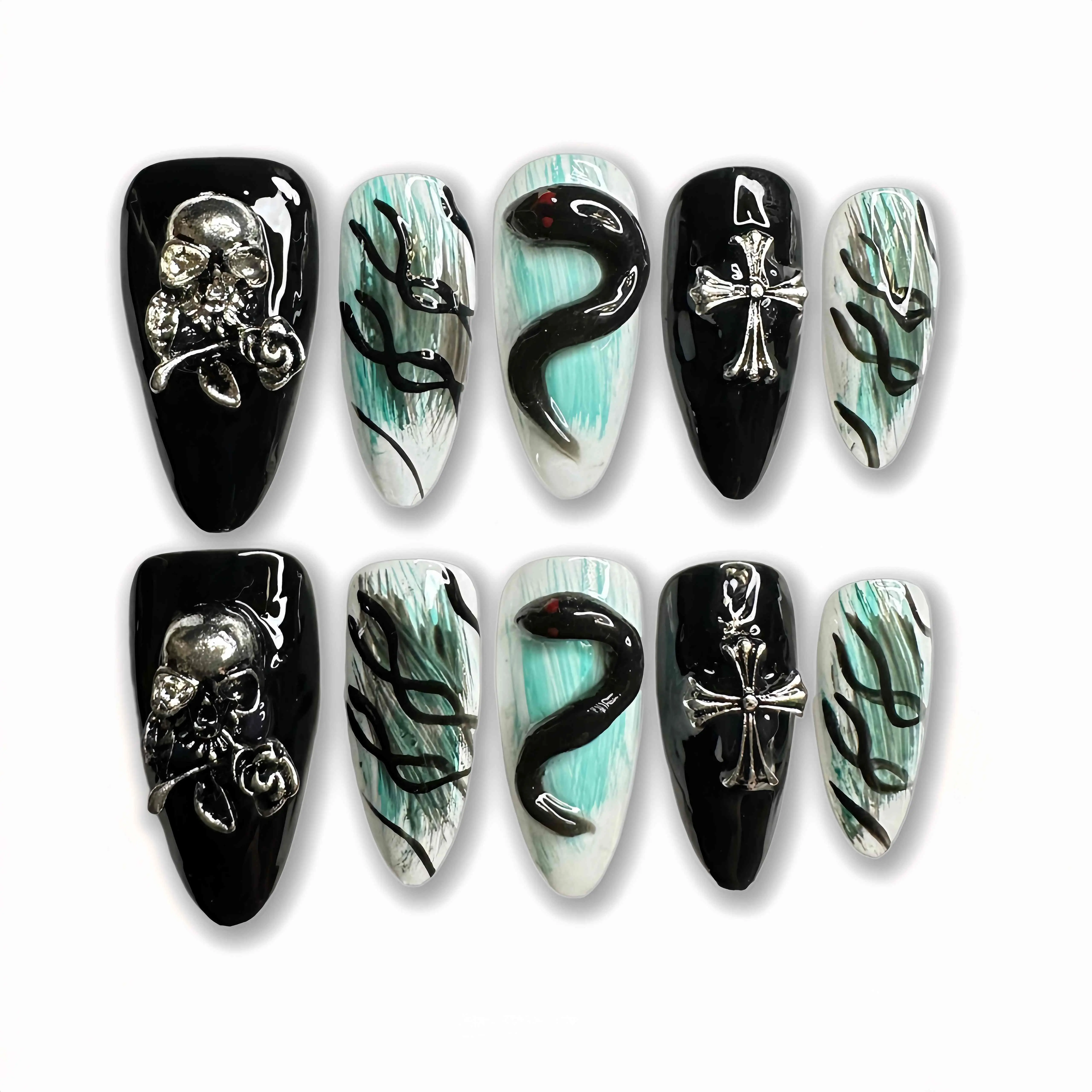 Handmade Press-On Nails, Reusable Full Cover Manicure Set with 3D Green Serpent Art, Year of the Snake Collection, Size M, Handmade Reusable Nails, Size L/M/S, Snake Theme, 70G, Lightweight, M Size