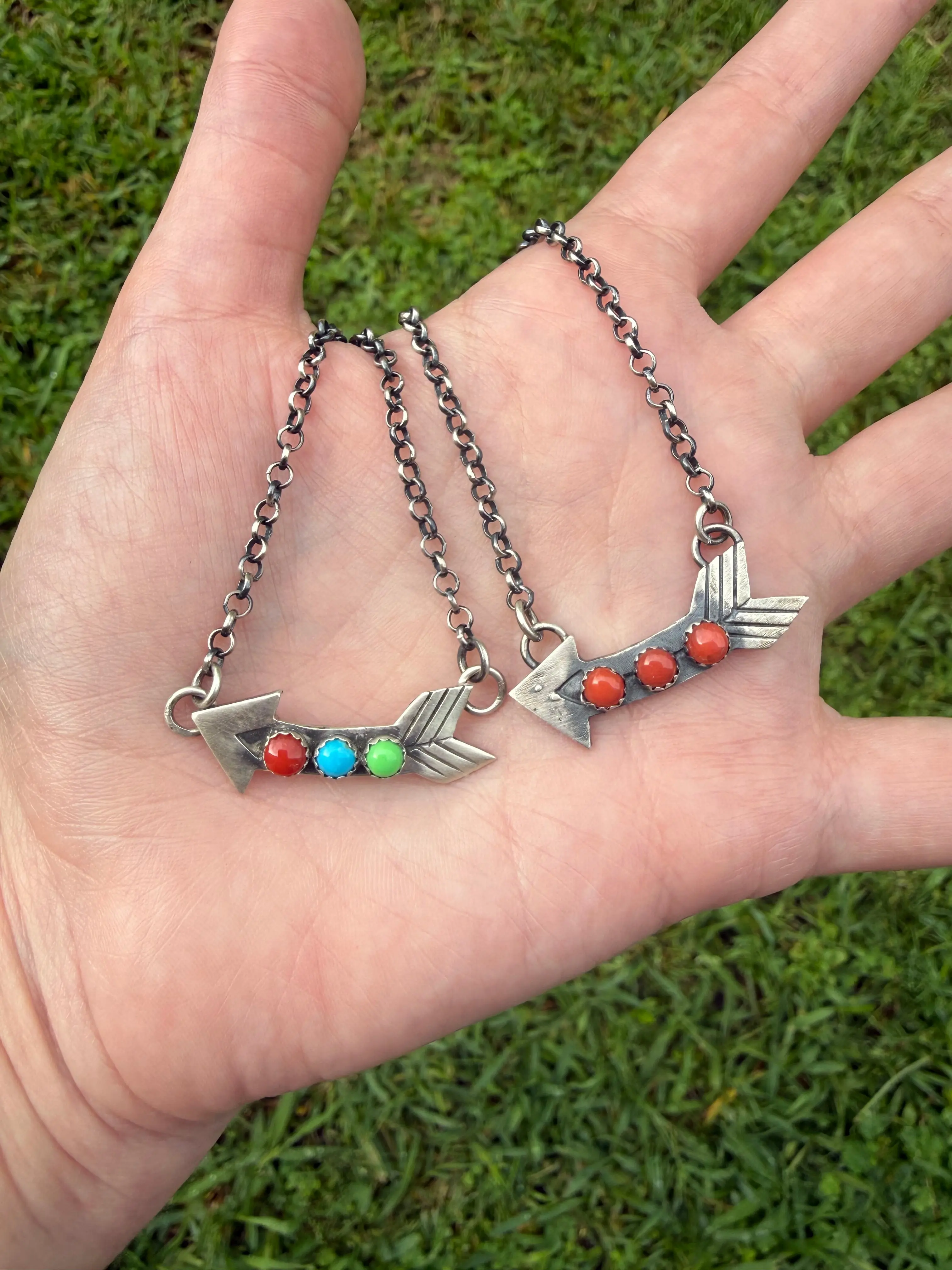 Native Coral or Multi Stone Arrow Sterling Silver Necklace