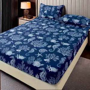 3pcs Blue Ocean Animal Starfish, Coral And Other Fresh Patterns Bed Sheets And Pillowcases, Bedding Three-Piece Set |   2 Pillowcases + 1 Fitted Sheet |   Double/Full/King/Queen |   Soft Fabric, 24H Does Not Shift