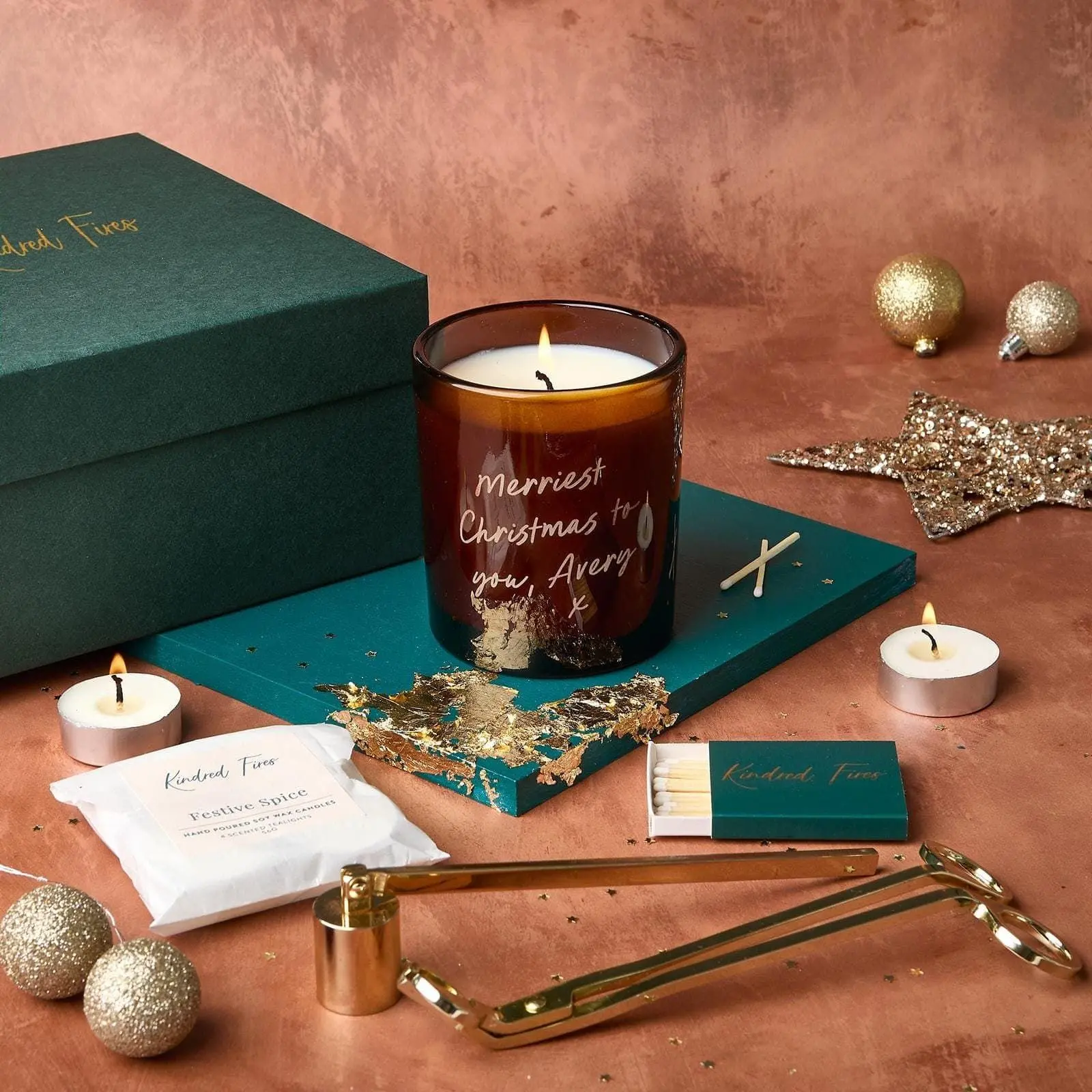 Personalised Christmas Candle Gift Set - Christmas Candle Gift Set - Personalised Engraved Candle With Gift Box, Tealights and Trimmer Set
