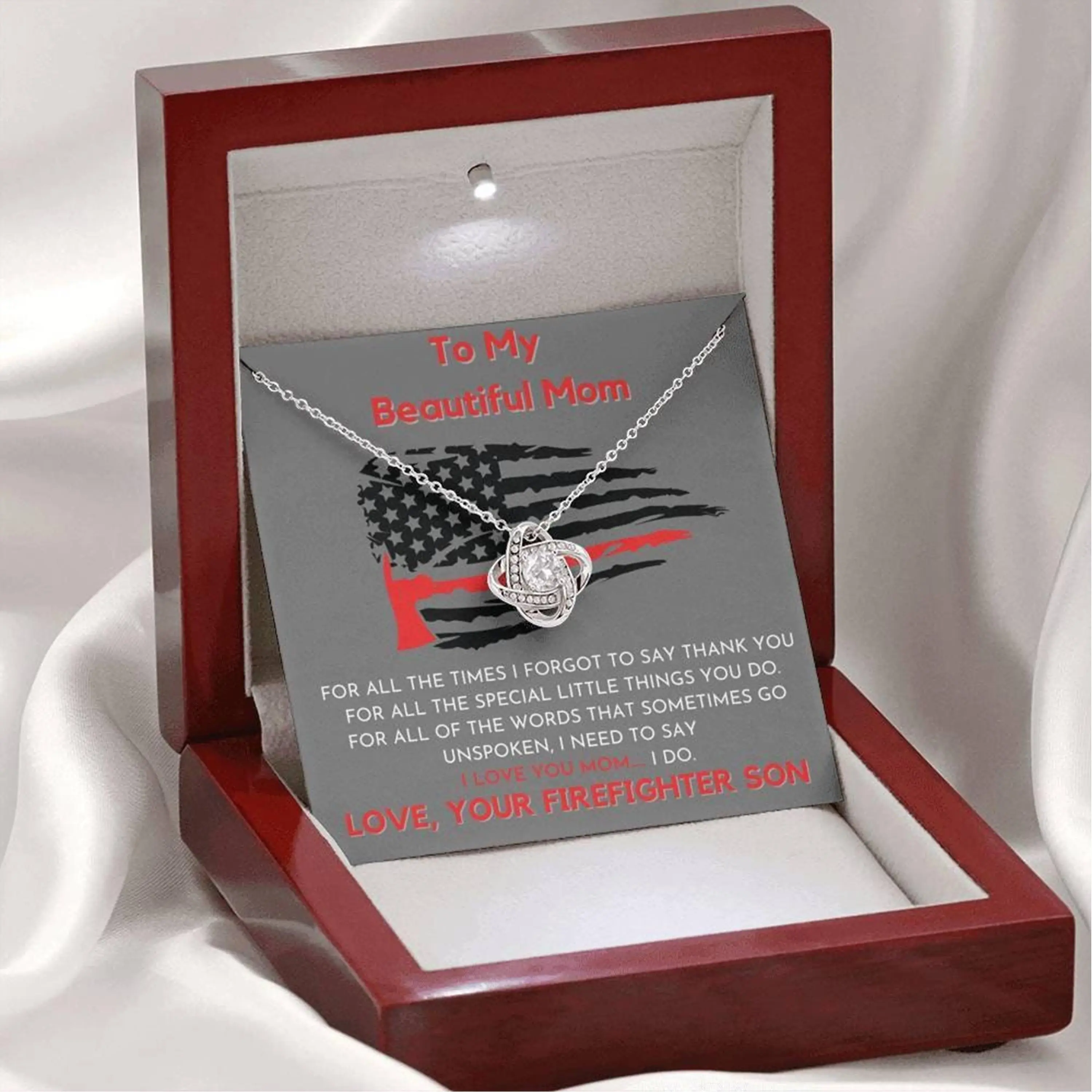 Firefighter Mom Love Knot Necklace - Unique Gift for Your Lover, Featuring American Flag Design & Pendant