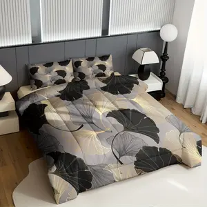 3-piece set of black grey ginkgo leaf quilted quilt - soft, lightweight, breathable, 200gcm quilted filling, including 1 blanket and 2 pillowcases (excluding pillow core) suitable for bedroom, dormitory, air-conditioned room exclusive decoration