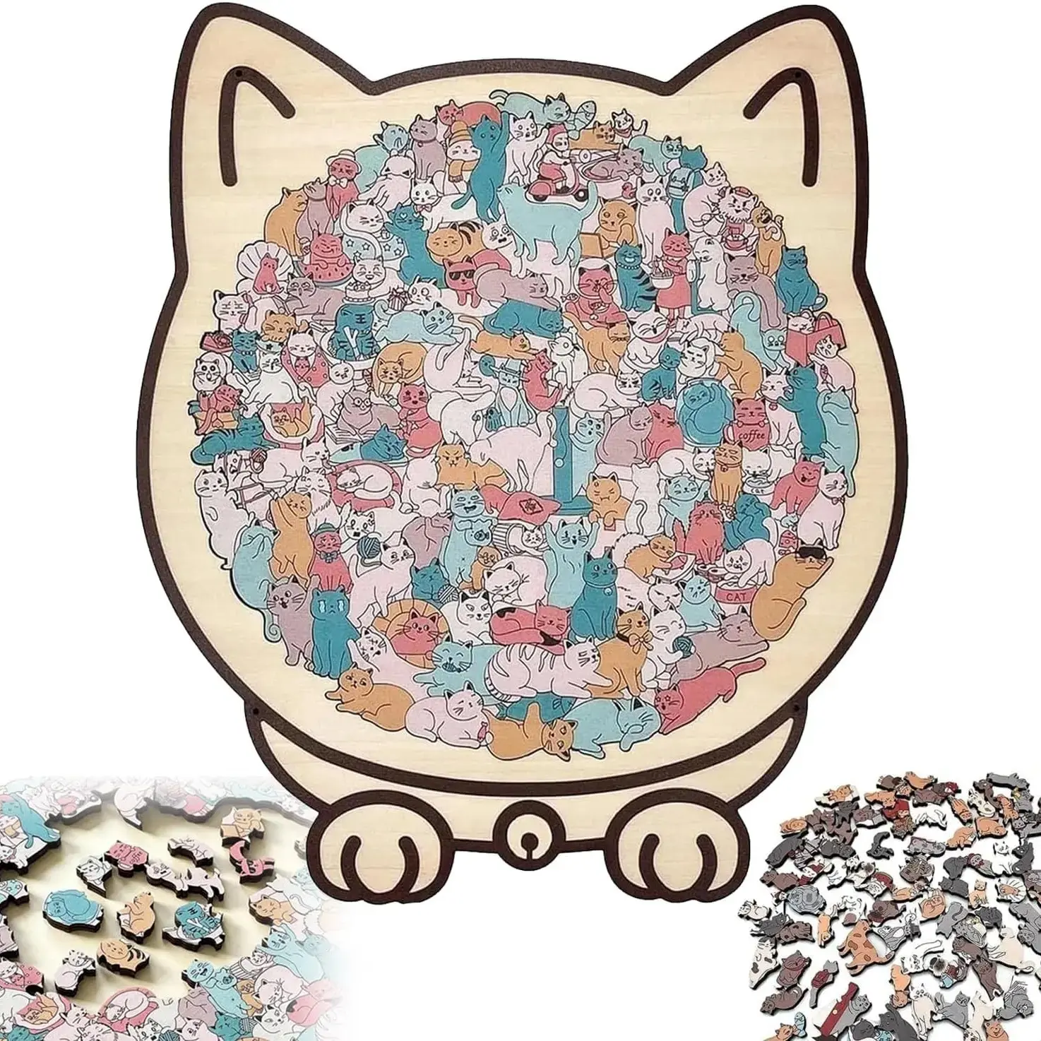 135-Piece Cat-Shaped Wooden Jigsaw Puzzle – Colorful Animal Wood Puzzle with Display Stand & Dust Cover, Decorative Home Display Puzzle, Unique Creative Gift for Cat Lovers and kids Stress-relieving gift, puzzle enthusiasts, Morandi colorful wooden puzzle