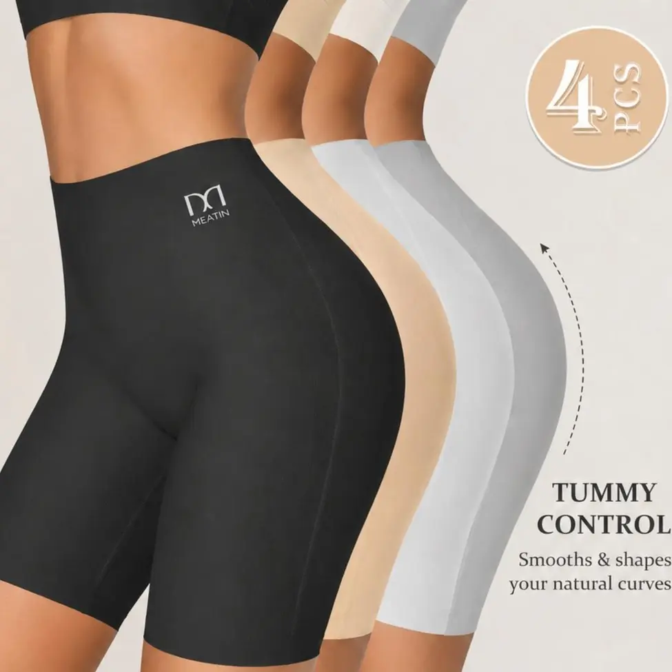 4-Pack Women's Seamless Shapewear Shorts, High-Cut Body Contouring Design with Tummy Control, Solid Color Silky Polyamide Blend for Everyday Wear