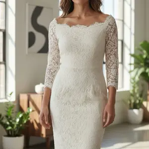 Bridal White Lace Off-Shoulder Dress With buttons and Zipper Back