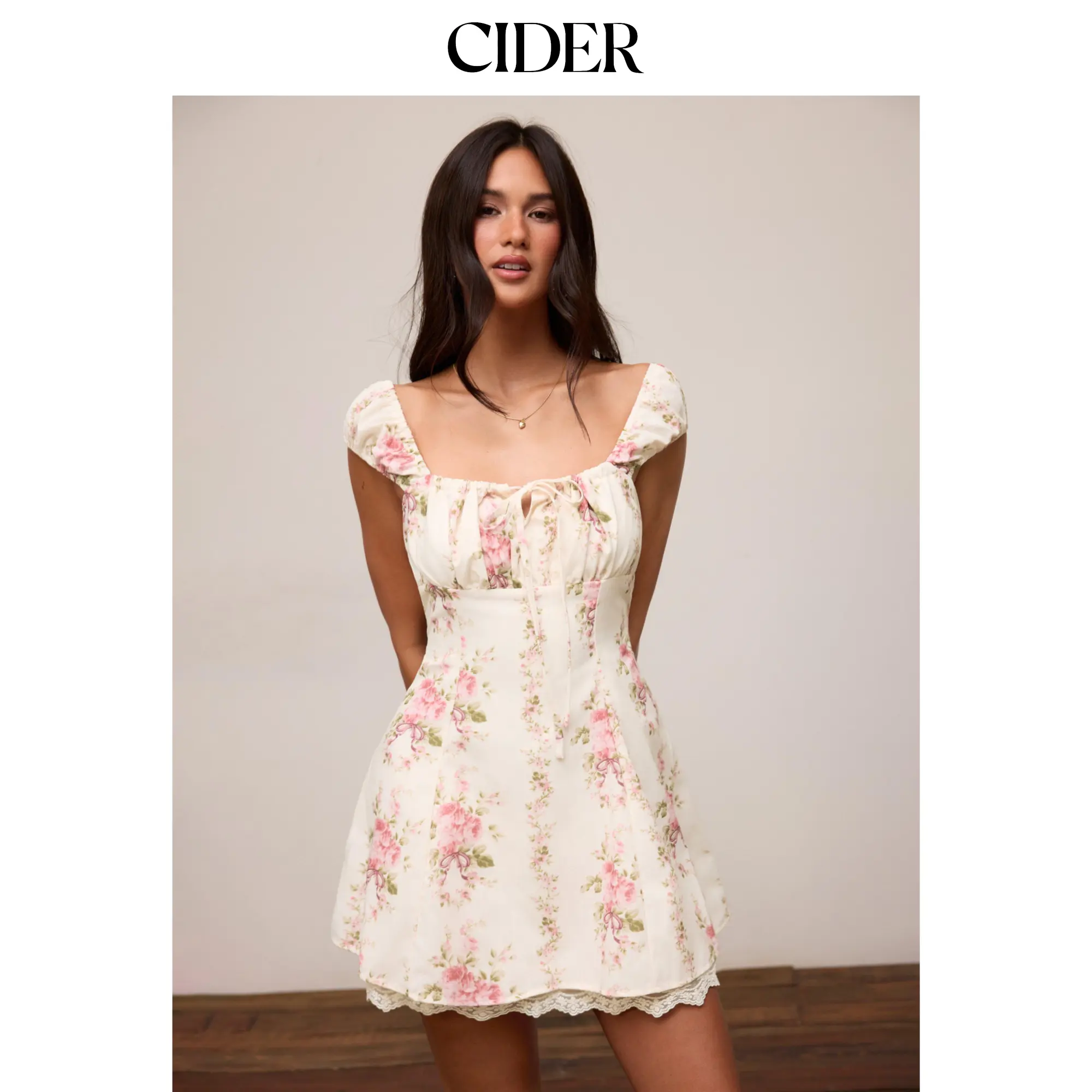 Cider Square Neck Floral Knotted Mini Dress