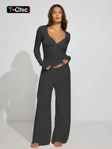 Women's Casual Long Sleeve Button Front Top & Drawstring Wide Leg Pants Set, Spring Summer Comfortable Daily Wear, Basic Style