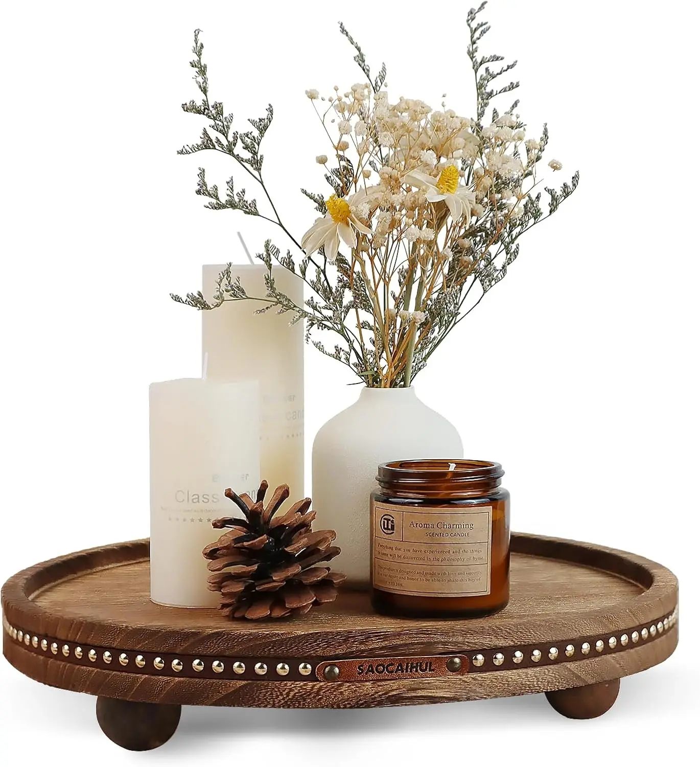 11.81in Round Decorative Tray for Home Decor, Ideal for Coffee Table Farmhouse Kitchen Living Room Bathroom Centerpiece