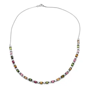 Premium MultiTourmaline and Moissanite 12.50 ctw Floral Necklace in Rhodium Over Sterling Silver 18 Inches Christmas Gifts