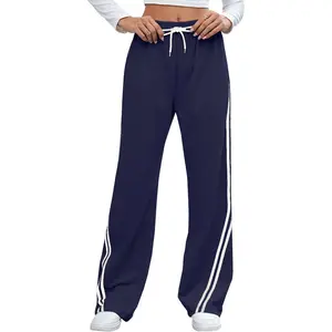 BLUEMING Womens Track Pants Athletic Running Pants Sweatpants Straight Leg Pockets Sports Jogging Striped Loose Fit - Navy blue,L