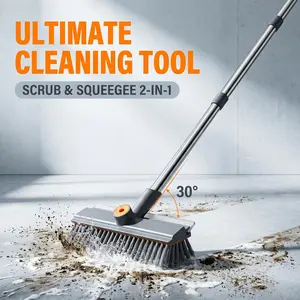 3-in-1 Floor Scrub Brush with Long Handle 50in – Squeegee & Hair Catcher, No Bending Ergonomic Design, Stiff Bristles & 360° Rotating Head for Shower, Bathroom, Tile, Grout, Kitchen, Wall & Deck