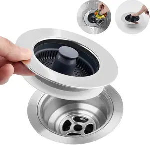 All Metal Kitchen Sink Strainer Stopper Combo - 3-in-1 Stainless Steel Wrapped Shell Drain Stopper Combo, Pop Up Sink Stopper, Anti-Clogging Basket Strainer