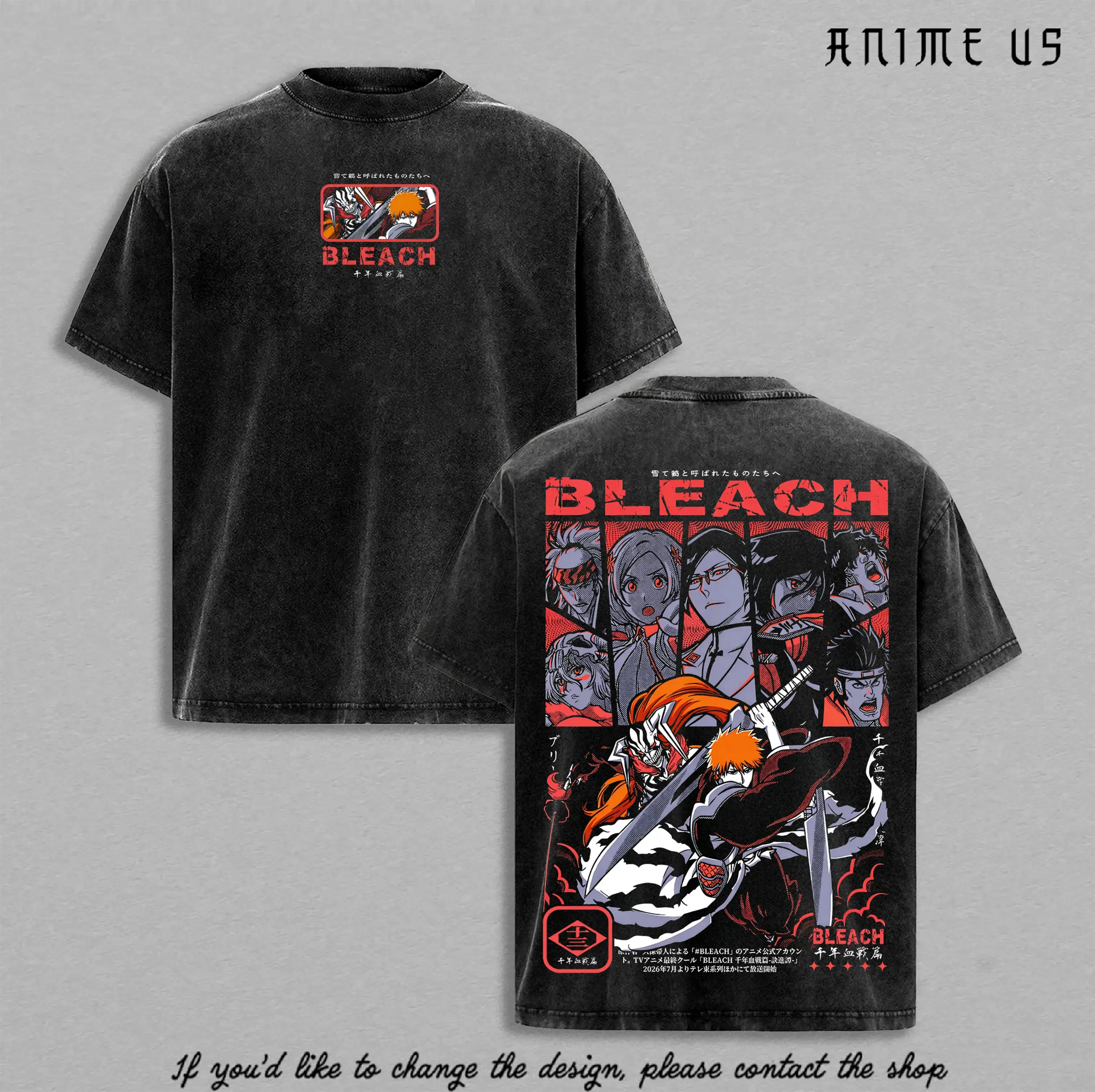 Men's Shortsleeve Round Neck Retro Washed Oversized Heavy Cotton T-Shirt - Bleach Anime Graphic, Menswear Streetwear Gym Top, Unisex Manga Fans Gift