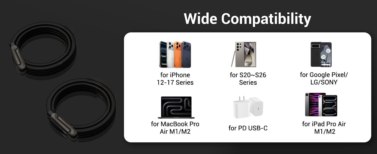 2-Pack Portable USB-C to USB-C Fast Charging Cable with Zinc Alloy Rotating Mobile Holder Kickstand, Durable Braided Connector Cord for Devices, Usb-C/ Lightning