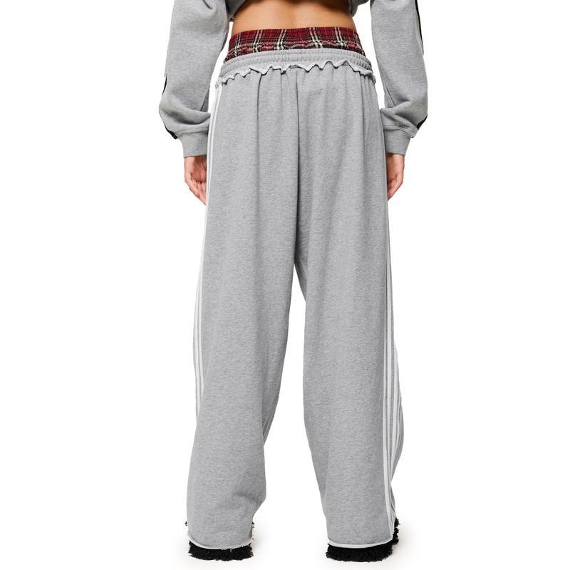 New fashion trends Double Waist Plaid Patchwork SweatPants Baggy Wide Leg Sweatpants for Women Loose Long Pants with Pockets