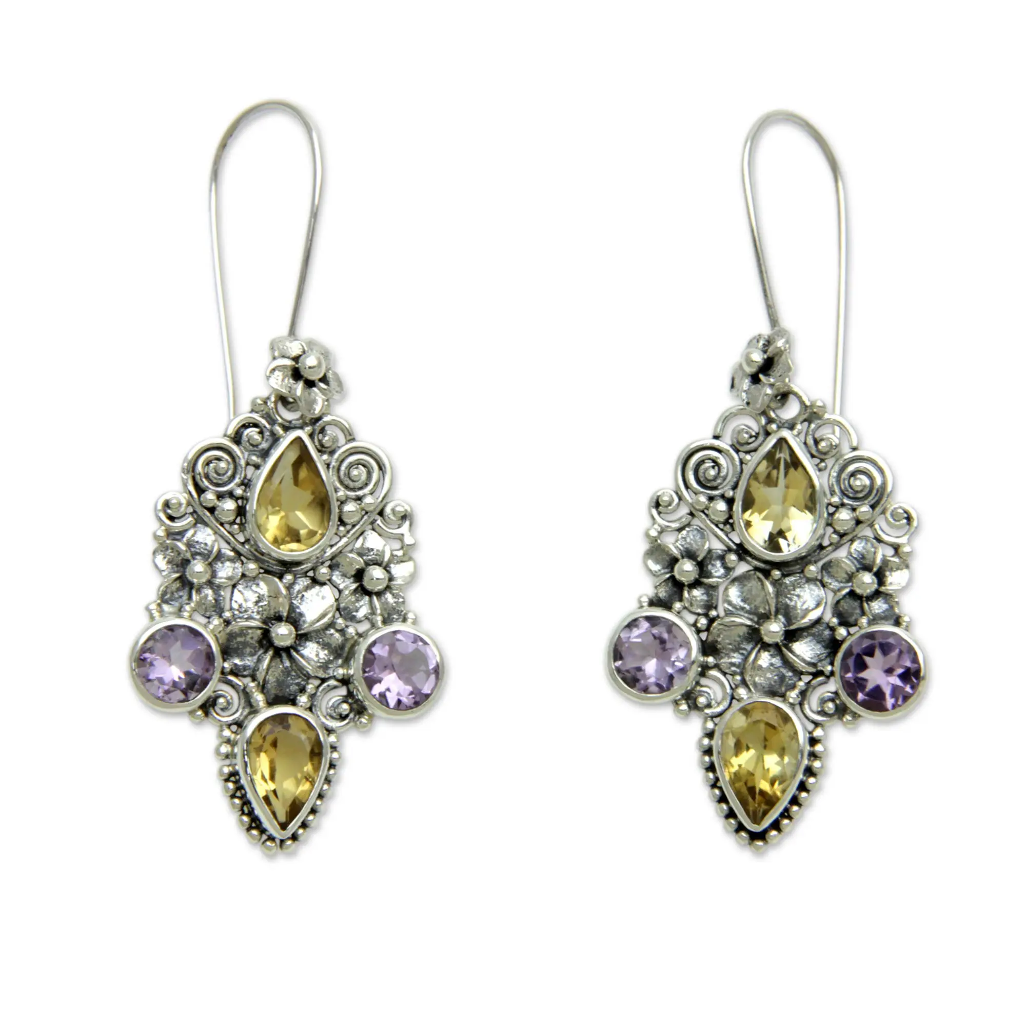 Novica Artisan Handmade Citrine Amethyst Dangle Earrings Balinese Silver Sterling Purple Yellow Indonesia Floral Birthstone Traditional [2.2 In L X 0.9 In W X 0.1 In D] ' Secret Garden'