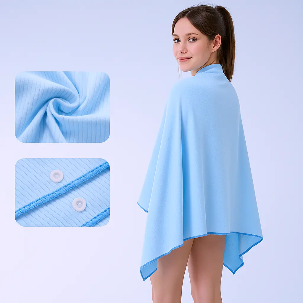 Wearable Quick Dry Swim Towel Cape - Microfiber Bath Towel - Lightweight Absorbent Beach Wrap for Travel Pool Gym - Solid Blue Color - Lab Tested Durability