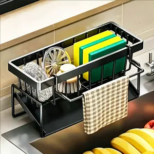 Thickened Metal Version Black Stainless Steel Kitchen Sink Caddy - Divided Sponge Holder, Tall Brush Holder, Dish Soap Dispenser, Organizer with Draining Boards