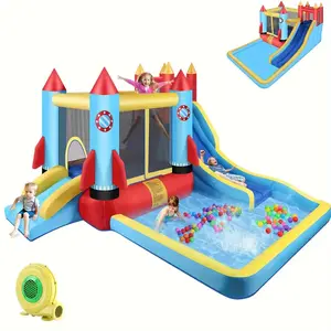 Whubefy Inflatable Bounce House for 3-12 Kids,Rocket Blast Bouncy Castle with Blower,Double Slide,Large Pool,Climbing Wall,Ball Pit,Jumping Area,Water Park for Indoor and Outdoor,Backyard Big Party,Christmas Gifts,fathersdaygifts