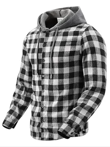 Men's Plaid Hooded Jacket, Long Sleeve Fitted Design, Drawstring Closure & Durable Metal Buttons, Casual Outerwear for Fall Winter