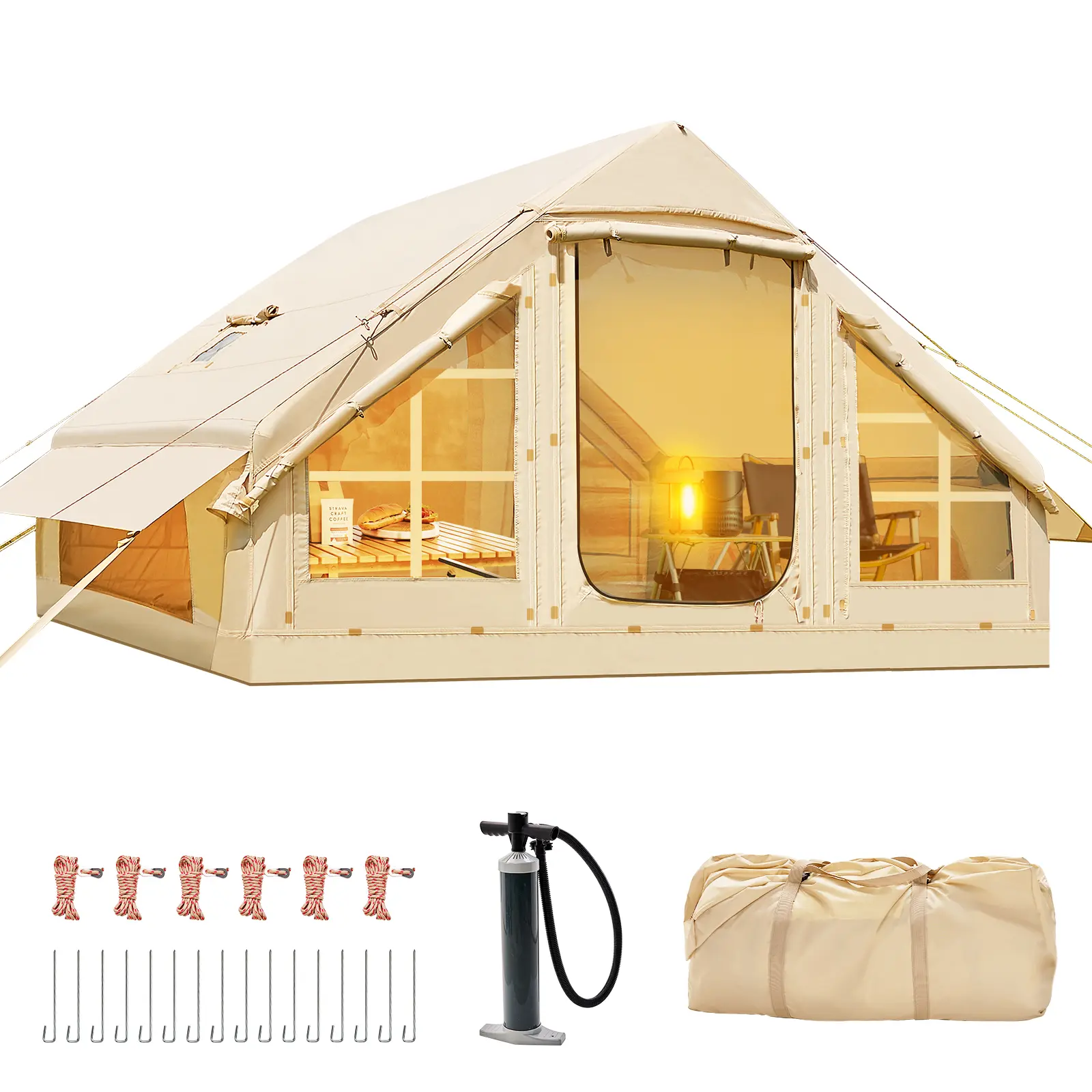 ABORON Large Inflatable Camping Tent with Hand Pump,Blow Up Tent Easy Setup Glamping Hot Tent,with Stove Jack for 4-6 Person Families, All-season, Camping Essentials tiktokshopbacktoschool