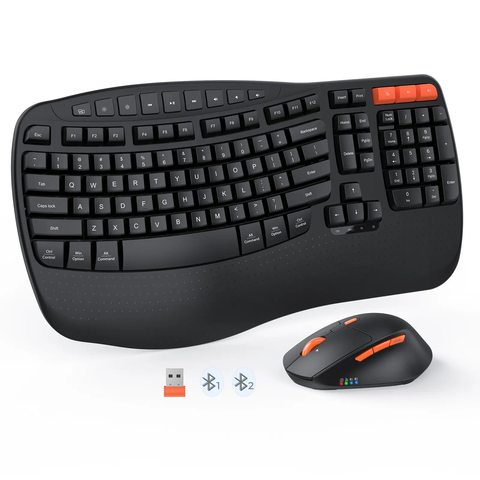 MEETION Wave Ergonomic Keyboard and Mouse Wireless, USB/Bluetooth Wave Ergo Keyboard with Wrist Rest, 4 DPI Adjustable Swing Wheel Silent Wireless Mouse Rechargeable for Windows/Mac/Android Director-D