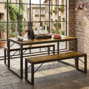 45.5 Inch 3 Piece Dining Table Set With 2 Benches Heavy Duty Metal Frame MDF Board Space Saving Dinette With Adjustable Foot Pads For Kitchen Living Room Home Use