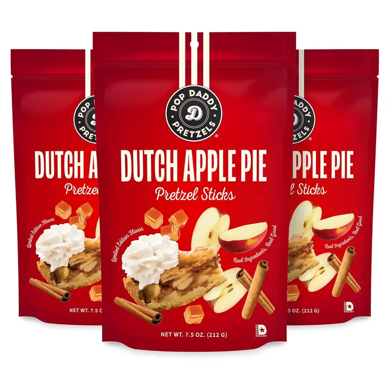 Pop Daddy Pretzels Sticks | Healthy Gourmet Flavored Pretzels Snacks | 7.5oz Individual Bags | 3 Pack | Dutch Apple Pie (Limited Flavor)