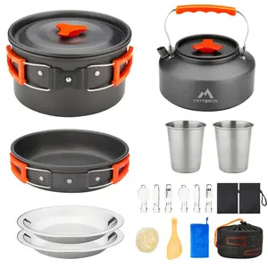 17pcs Camping Cookware Mess Kit, Non-Stick Pot Pan 1.1L Kettle Set with 2 set Stainless Steel Cups Plates Forks Knives Spoons for Hiking,Camping,Backpacking,Outdoor Cooking and Picnic