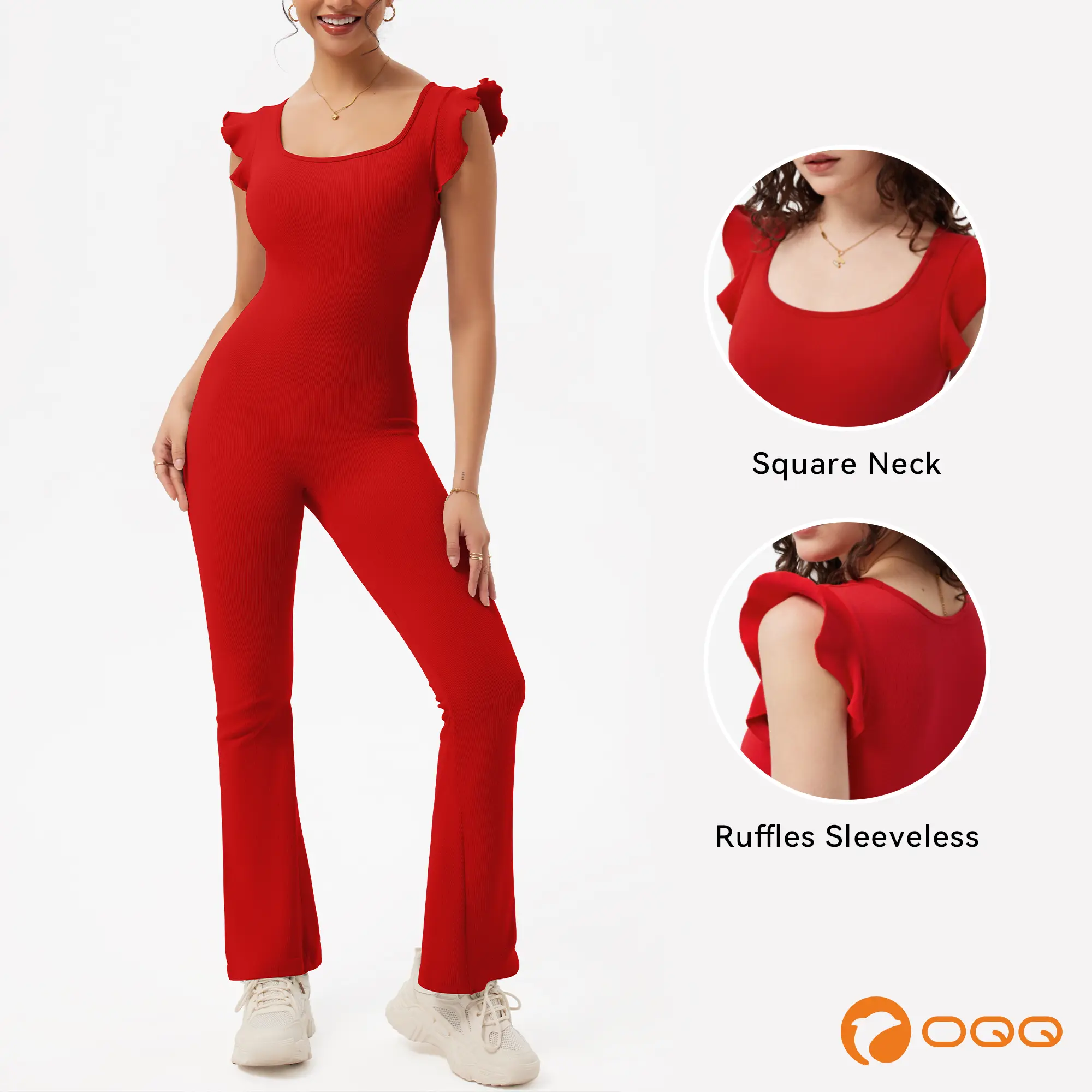 OQQ Jumpsuits For Women Ribbed Square Neck Ruffles Sleeveless Flare Long Pants Stretchy Soft Party Jumpsuits Womenswear Lady Comfort Bridal Basic