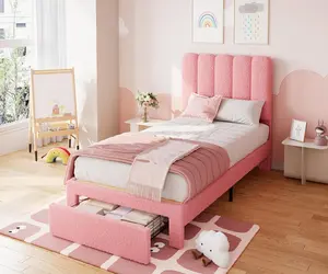 Twin Bed Frame with Storage Drawer and Headboard, Boucle Upholstered Twin Platform Bed Frame for Girls, Strong Wooden Slats Support, Noise-Free, Easy Assembly, Pink
