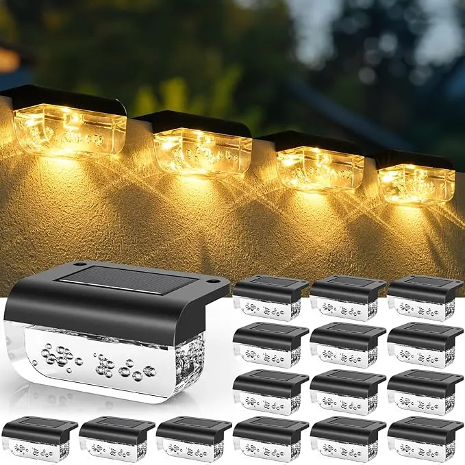 DERAYSION Warm White Outdoor Solar Lamp, 8/12/16-Pack 90% Brighter Auto On/Off All-Weather Waterproof Solar Deck Lights for Stairs, Fence