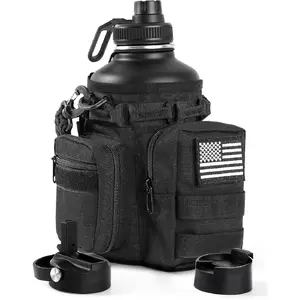 Tactical Half Gallon Water Bottle with Straw, 64 Oz Insulated Water Jug with Molle Water Bottle Holder, Stainless Steel Sport Bo