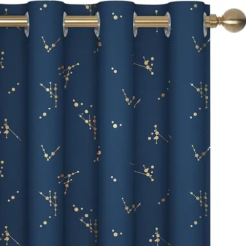 Deconovo 2-Panel Blackout Window Curtain - Modern Constellation Art Style Decorative Design, Gold Star Foil All-Over Print, Thermal Lined, Dampening, Silky Smooth Drape, Durable, Machine Washable for Living Room, Quieter Nights Calmer Home, Black Out Wind