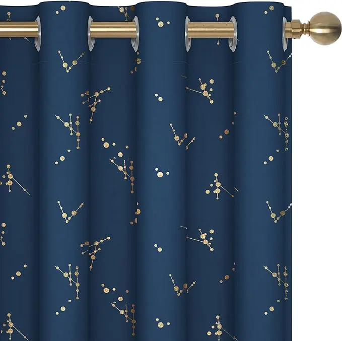 Deconovo 2-Panel Durable Black Out Window Curtains - Gold Constellation Foil All-Over Print, Thermal Insulated, Soundproof for Living Room, Bedroom, Black Out Window Curtain