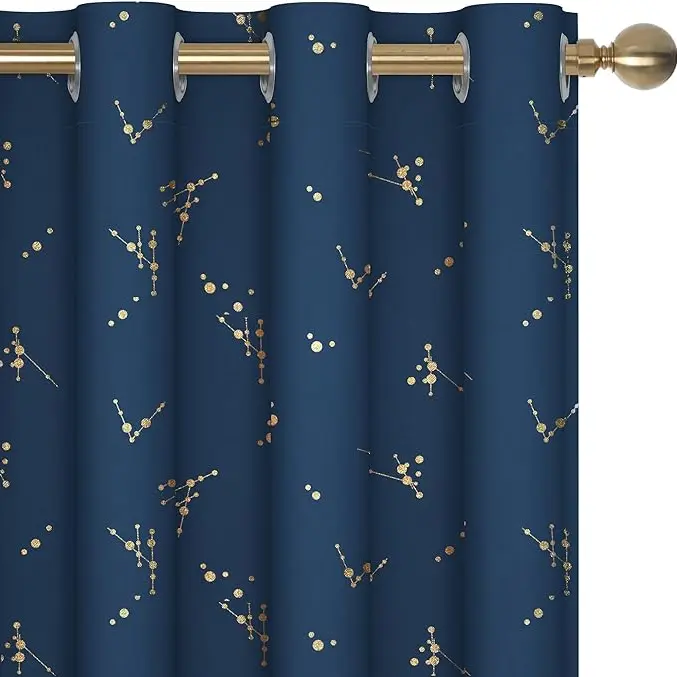 Deconovo 2-Panel Blackout Window Curtain - Modern Constellation Art Style Decorative Design, Gold Star Foil All-Over Print, Thermal Lined, Dampening, Silky Smooth Drape, Durable, Machine Washable for Living Room, Quieter Nights Calmer Home, Black Out Wind