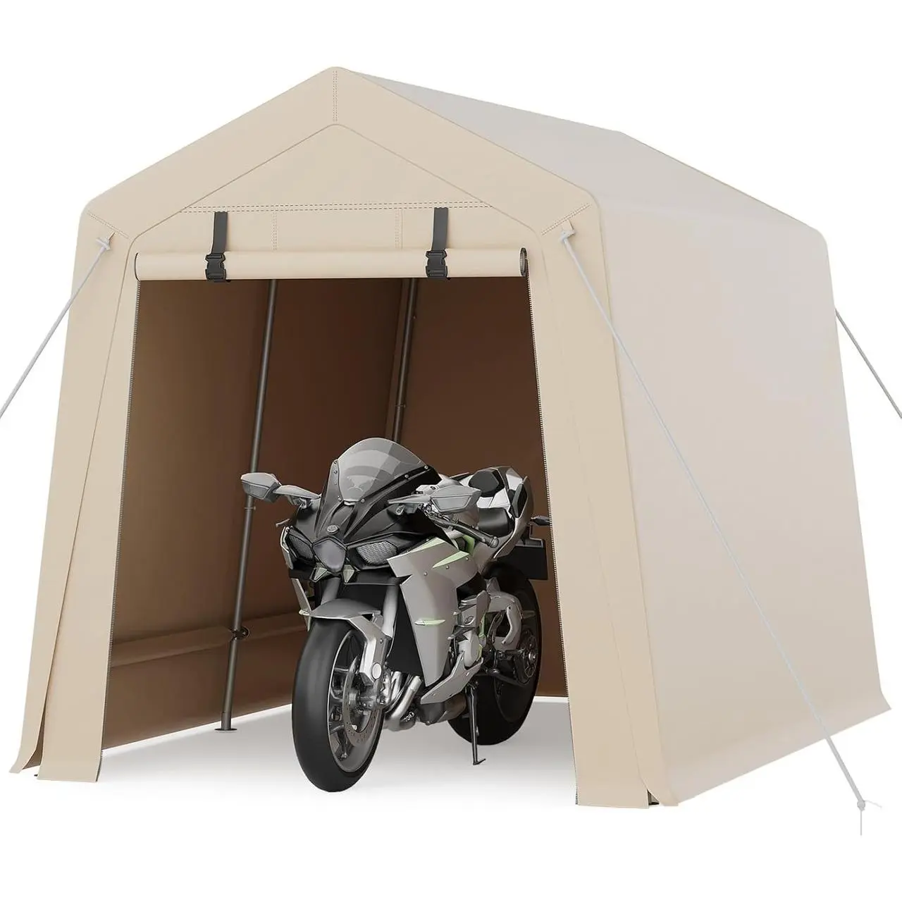 7 x 10 Ft Bike Shed ATV Storage Tent Portable Storage Shed Outdoor Carport Tarp Sheds with Roll-Up Door for Motorcycle, Car, Garden Tools Khaki